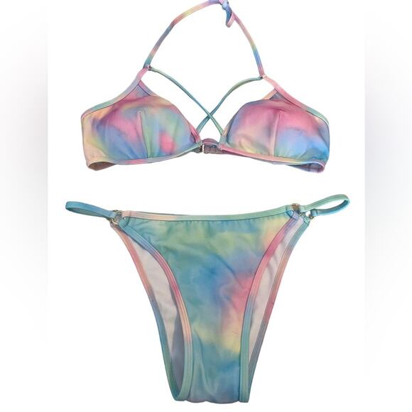 Plumeria Tye Dye 2 pc Bikini Pastel Blues Pinks Size Large Halter String Top NEW - Picture 3 of 14